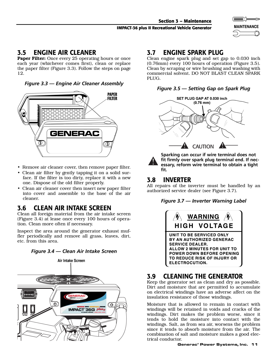 Generac 00941-3 owner manual 3.5ENGINE AIR CLEANER, 3.7ENGINE SPARK PLUG, 3.8INVERTER, 3.6CLEAN AIR INTAKE SCREEN 