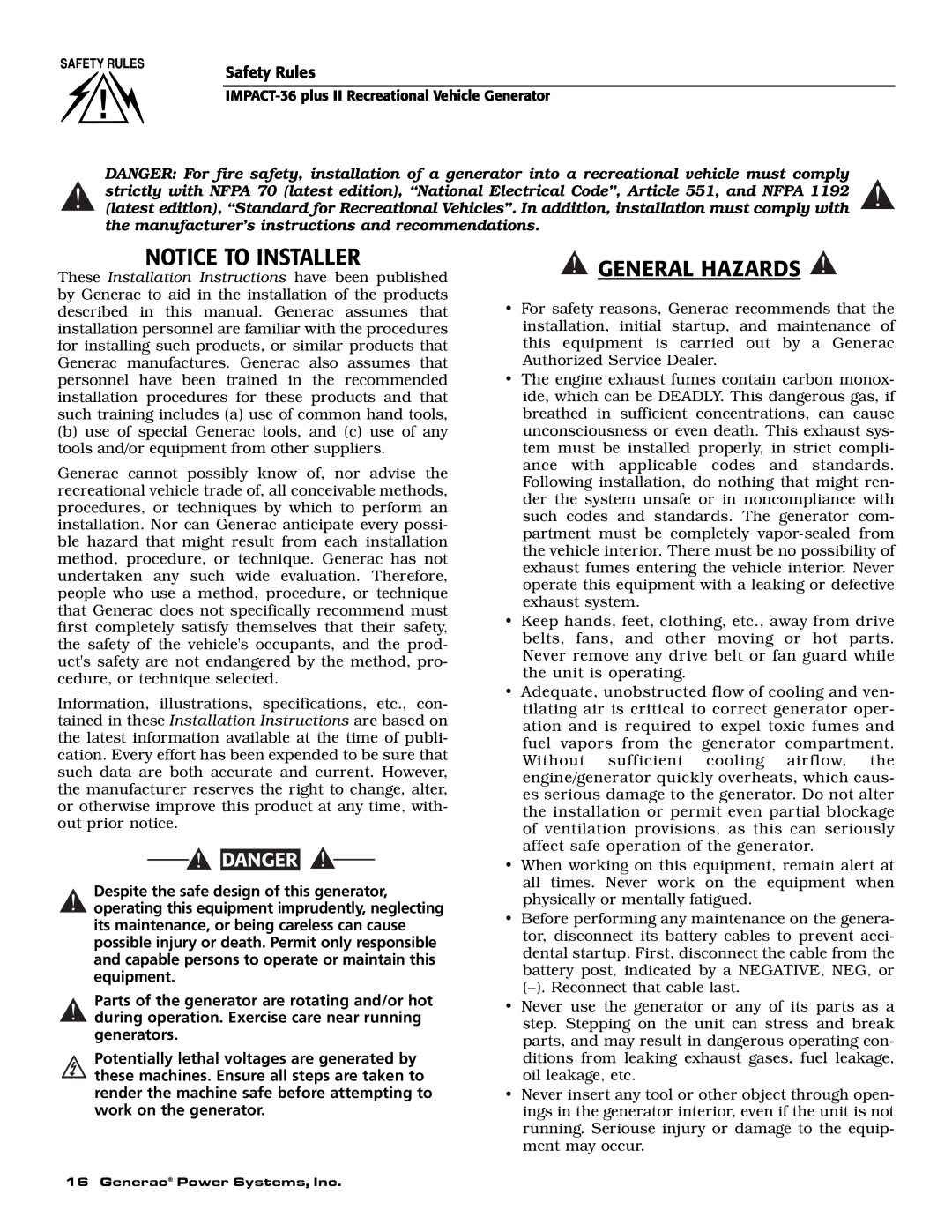 Generac 00941-3 owner manual Notice To Installer, General Hazards, Danger 