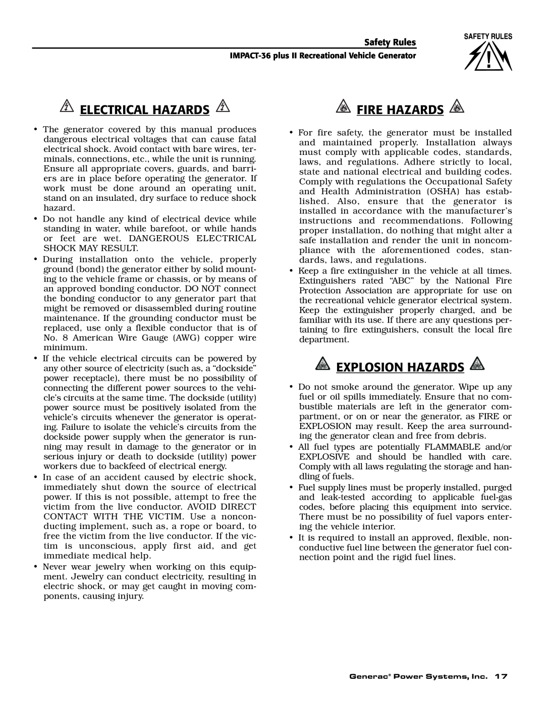 Generac 00941-3 owner manual Electrical Hazards, Explosion Hazards, Fire Hazards 