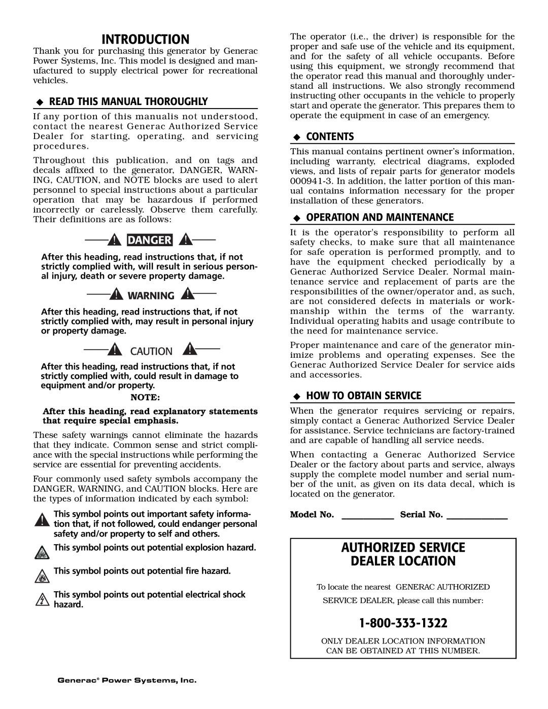 Generac 00941-3 Introduction, Authorized Service Dealer Location, Read This Manual Thoroughly, Danger, Contents 