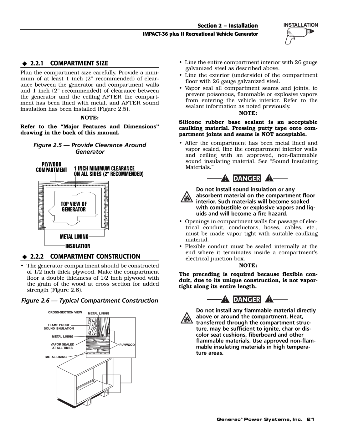 Generac 00941-3 owner manual Compartment Size, Compartment Construction, Danger, 5 - Provide Clearance Around Generator 