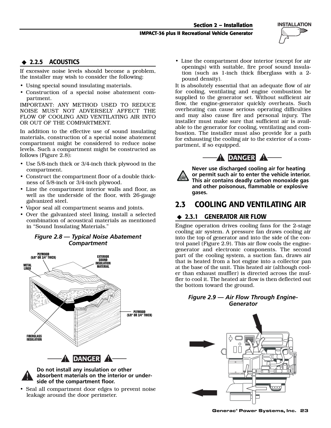Generac 00941-3 owner manual 2.3COOLING AND VENTILATING AIR, Acoustics, Generator Air Flow, Danger 
