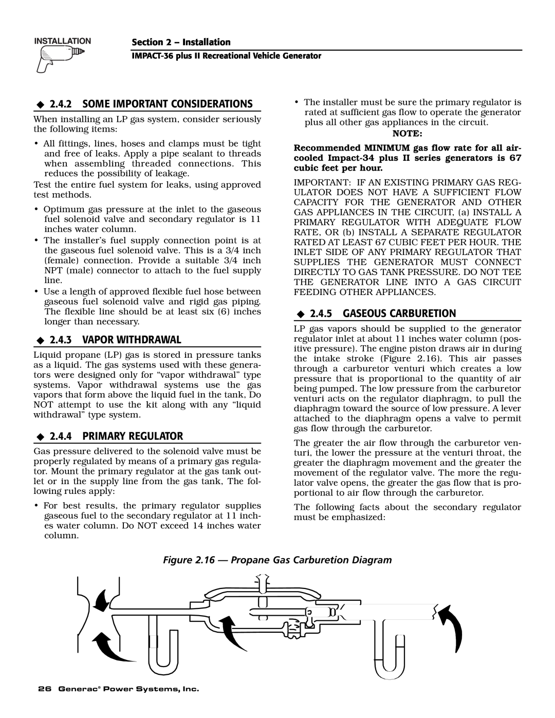 Generac 00941-3 owner manual Some Important Considerations, Vapor Withdrawal, Primary Regulator, Gaseous Carburetion 