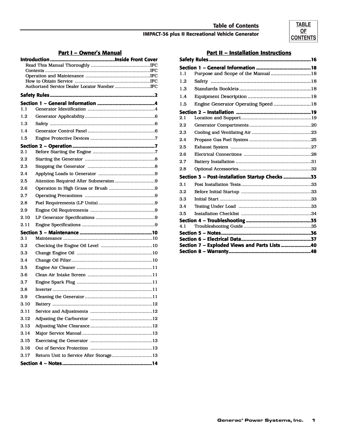 Generac 00941-3 Table of Contents, Part II - Installation Instructions, IMPACT-36plus II Recreational Vehicle Generator 