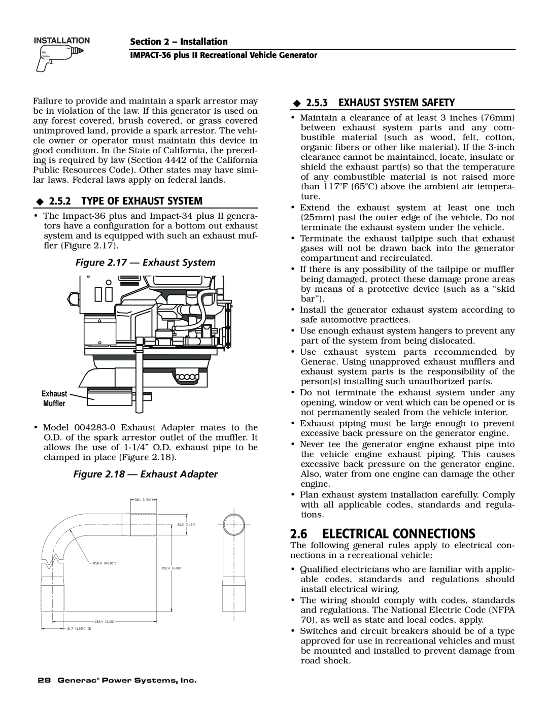 Generac 00941-3 owner manual 2.6ELECTRICAL CONNECTIONS, Type Of Exhaust System, Exhaust System Safety, 17 - Exhaust System 