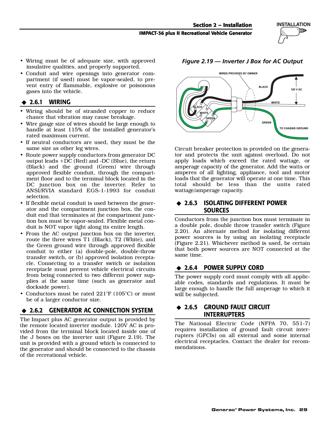 Generac 00941-3 owner manual Wiring, Isolating Different Power Sources, Power Supply Cord, Generator Ac Connection System 