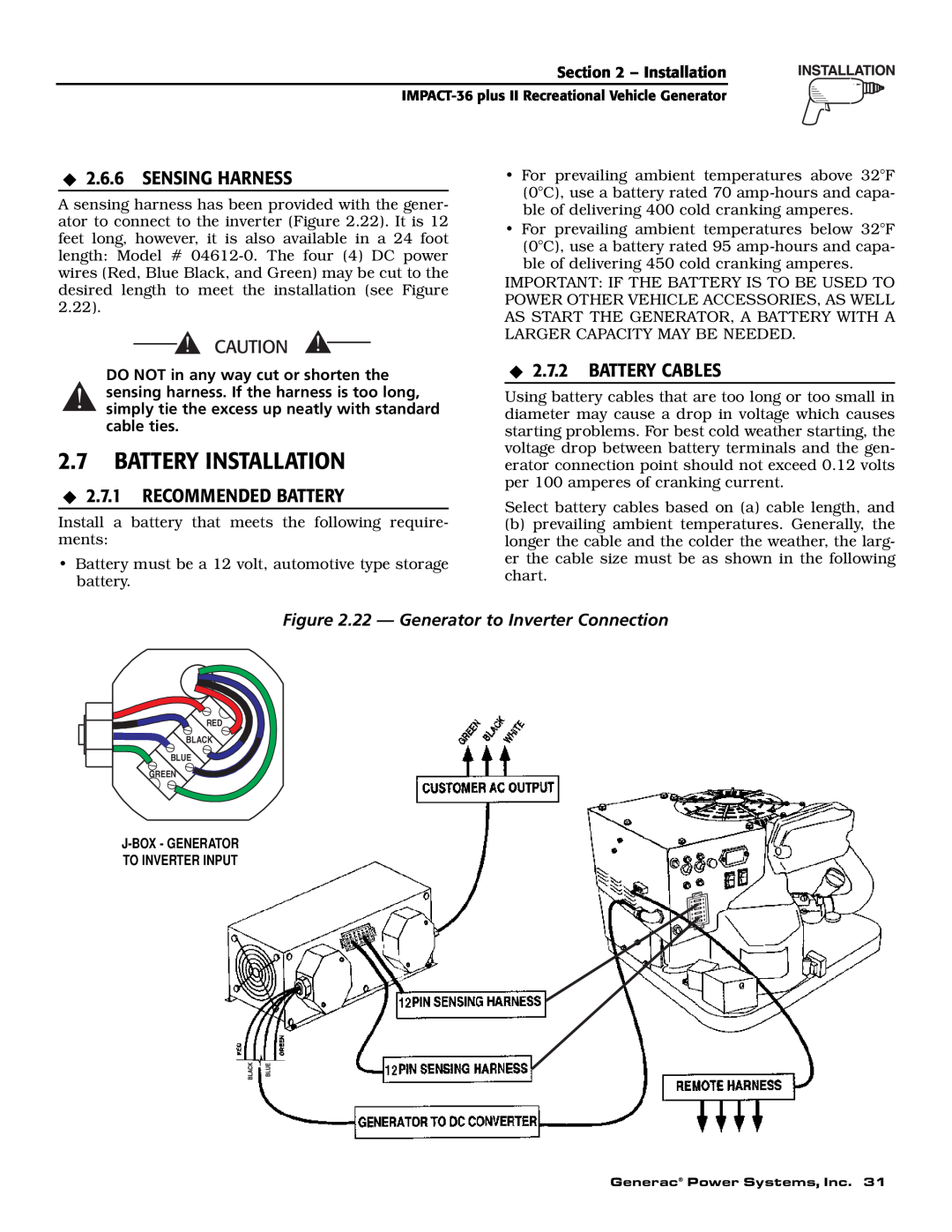 Generac 00941-3 owner manual 2.7BATTERY INSTALLATION, Sensing Harness, Recommended Battery, Battery Cables 