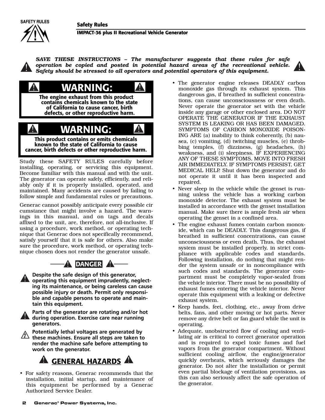 Generac 00941-3 owner manual General Hazards, Danger 
