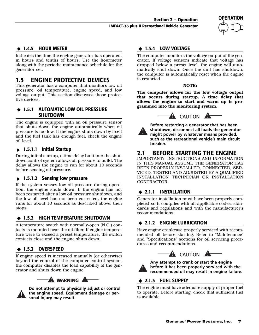 Generac 00941-3 owner manual 1.5ENGINE PROTECTIVE DEVICES, 2.1BEFORE STARTING THE ENGINE 
