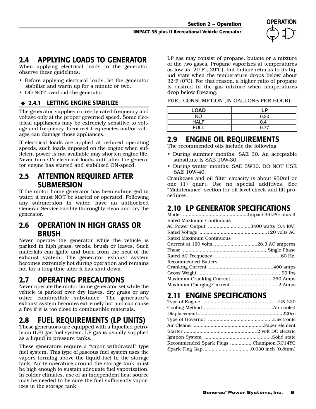 Generac 00941-4 Submersion, Operation in High Grass or Brush, Operating Precautions, Fuel Requirements LP Units 