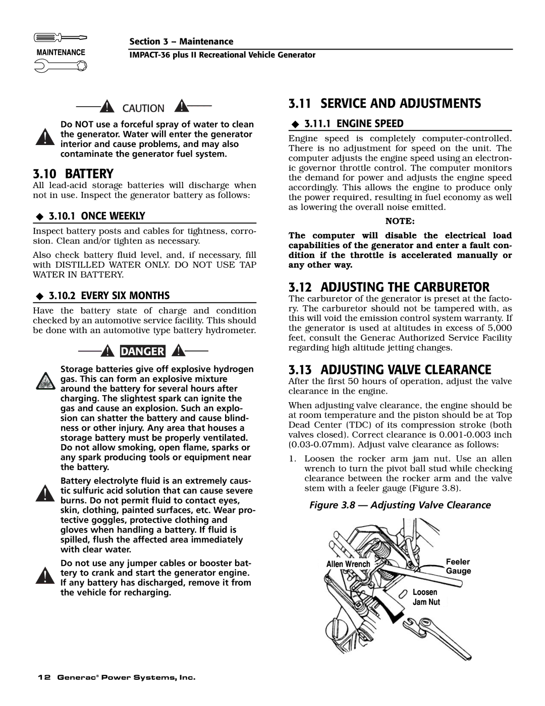 Generac 00941-4 owner manual Service and Adjustments, Battery, Adjusting the Carburetor, Adjusting Valve Clearance 