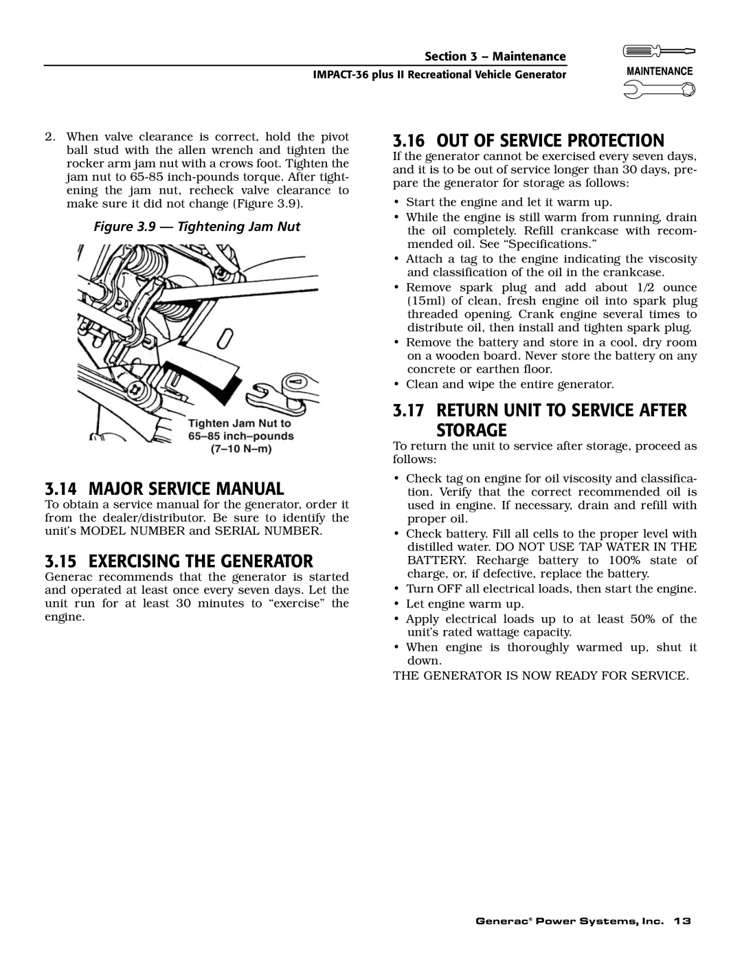 Generac 00941-4 owner manual Exercising the Generator, OUT of Service Protection, Return Unit to Service After Storage 