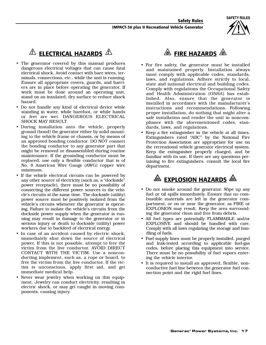 Generac 00941-4 owner manual Fire Hazards 