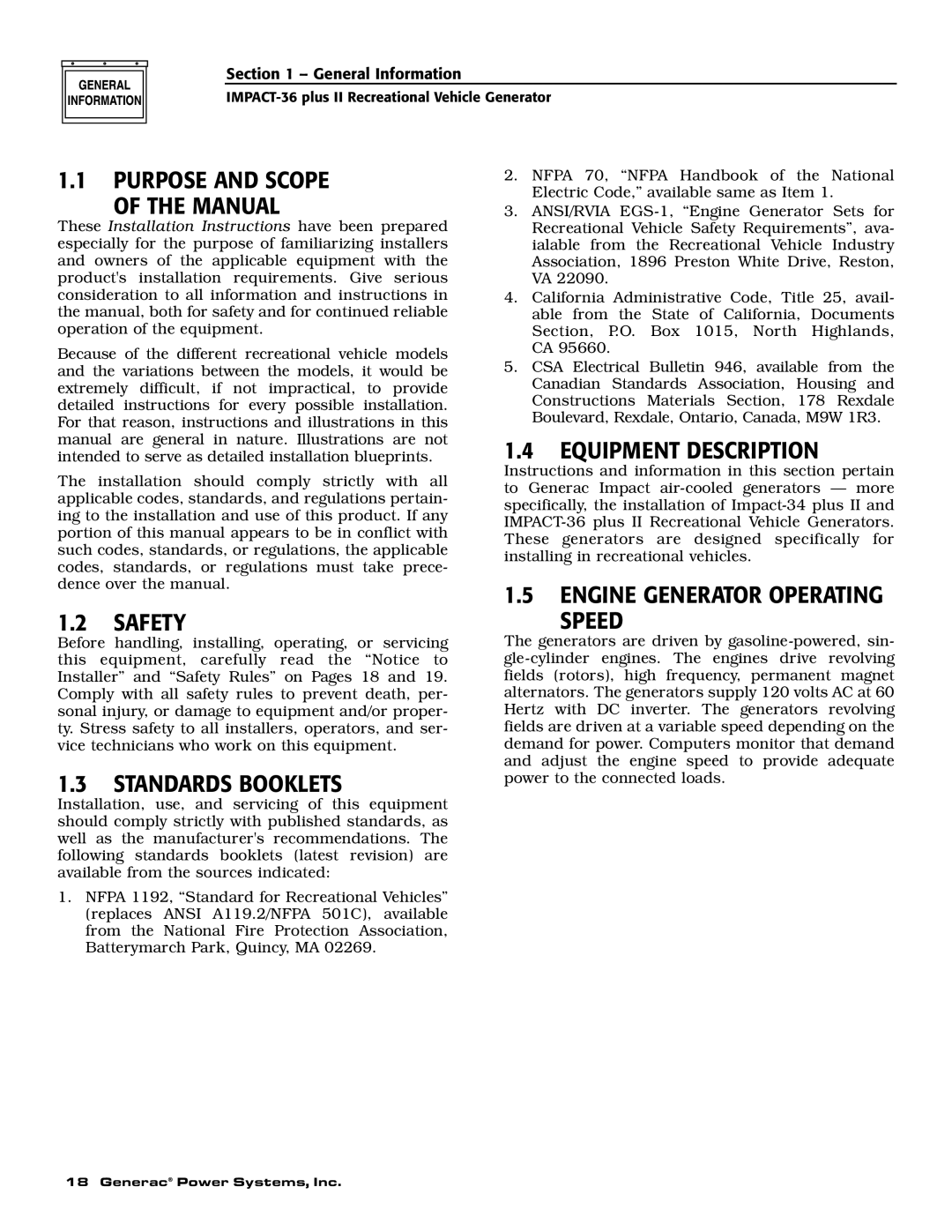 Generac 00941-4 Purpose and Scope Manual, Standards Booklets, Equipment Description, Engine Generator Operating Speed 