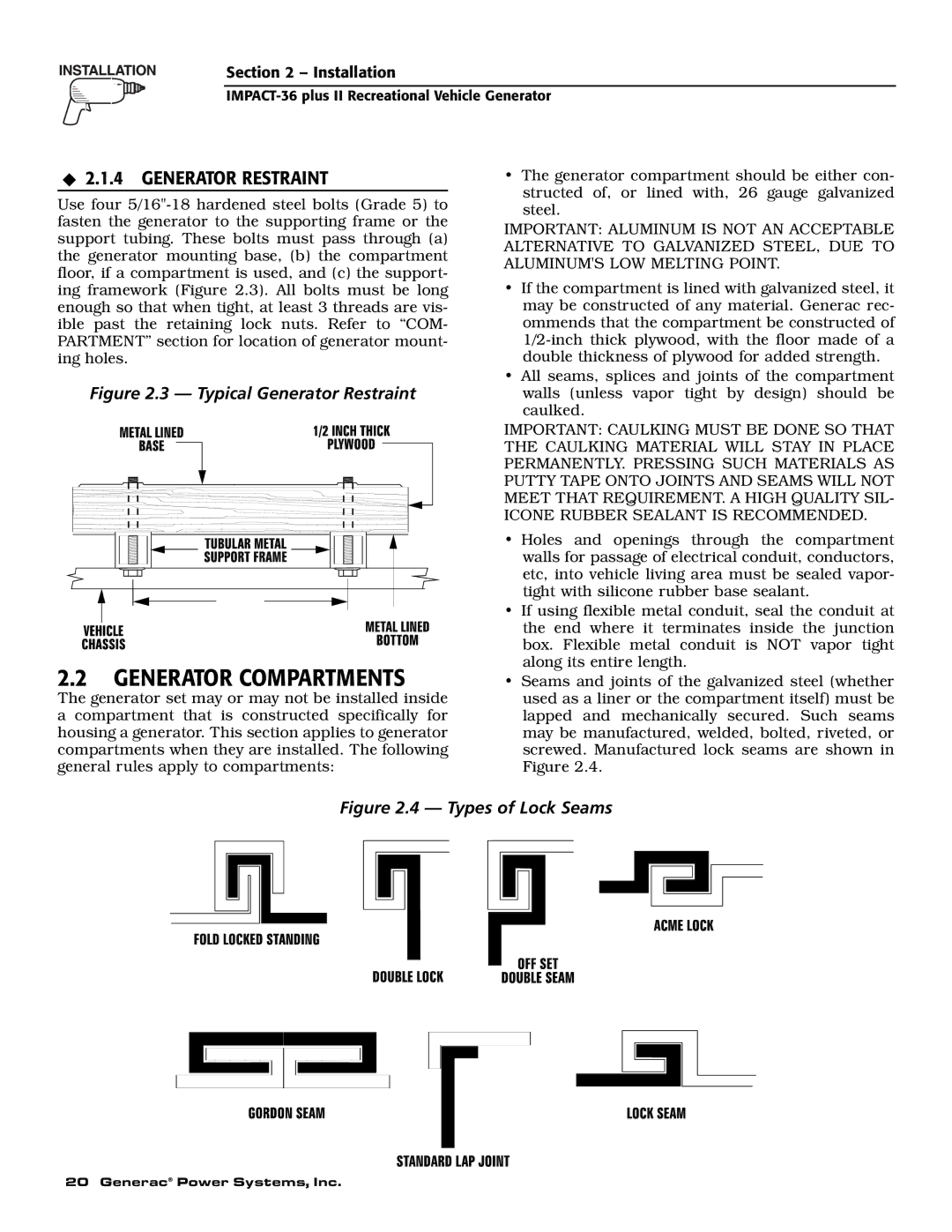 Generac 00941-4 owner manual Generator Compartments, Generator Restraint 