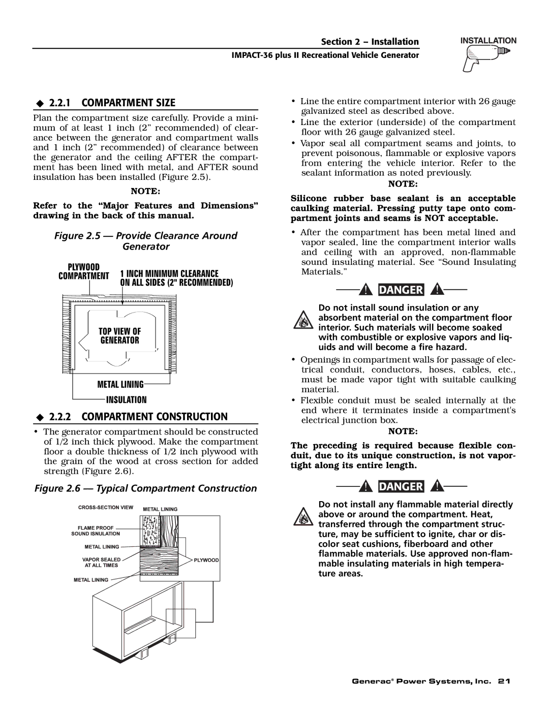 Generac 00941-4 owner manual Compartment Size, Compartment Construction 