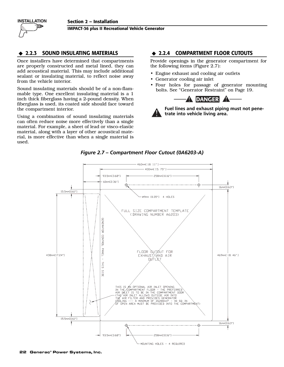 Generac 00941-4 owner manual Sound Insulating Materials, Compartment Floor Cutouts 