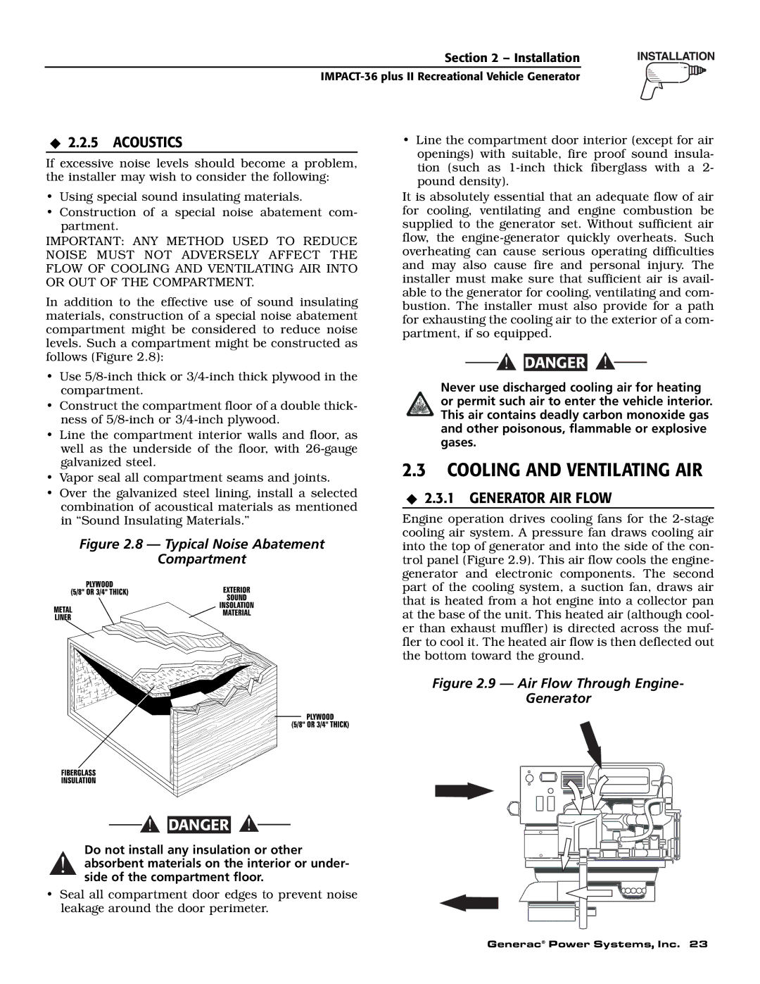 Generac 00941-4 owner manual Cooling and Ventilating AIR, Acoustics, Generator AIR Flow 