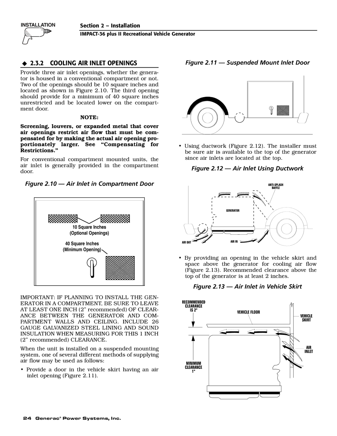 Generac 00941-4 owner manual Cooling AIR Inlet Openings, Suspended Mount Inlet Door 