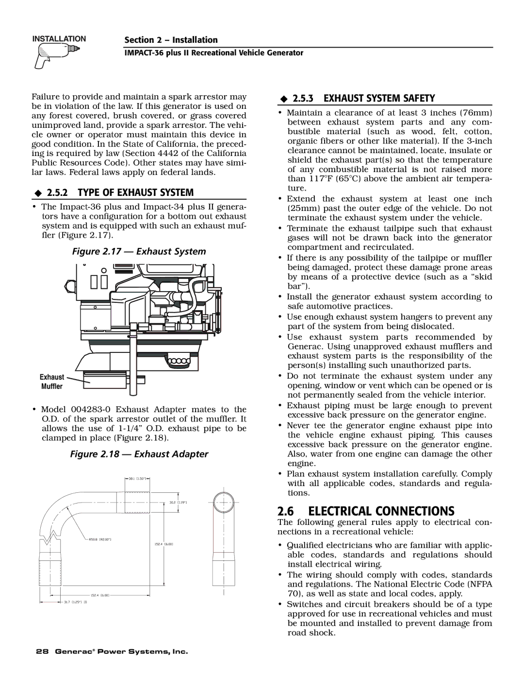 Generac 00941-4 owner manual Electrical Connections, Type of Exhaust System, Exhaust System Safety 