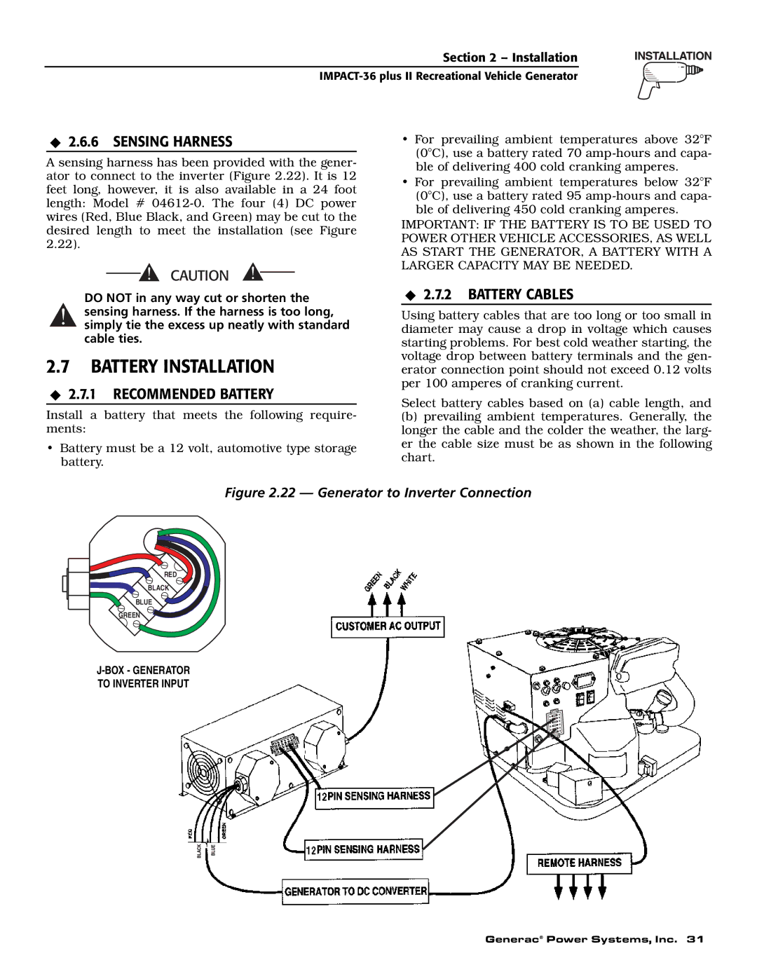 Generac 00941-4 owner manual Battery Installation, Sensing Harness, Recommended Battery, Battery Cables 