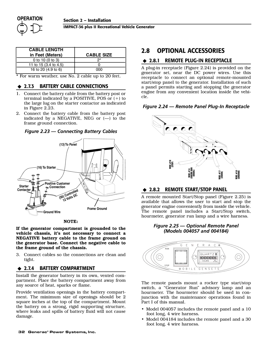 Generac 00941-4 Optional Accessories, Battery Cable Connections, Battery Compartment, Remote PLUG-IN Receptacle 