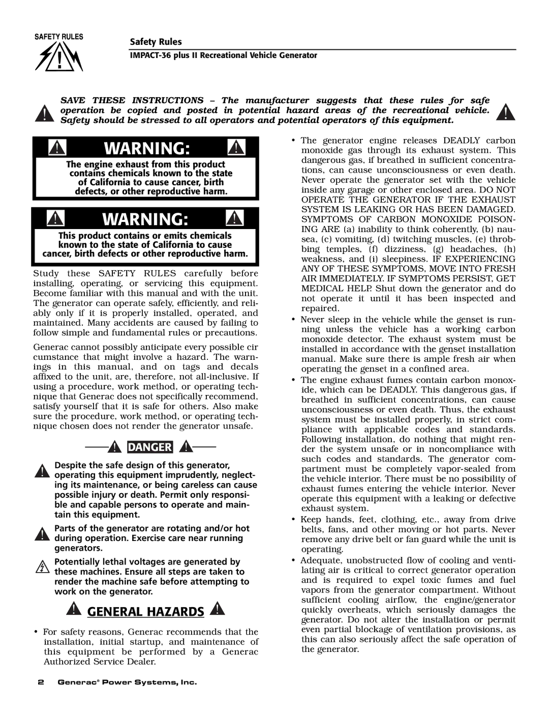 Generac 00941-4 owner manual General Hazards 