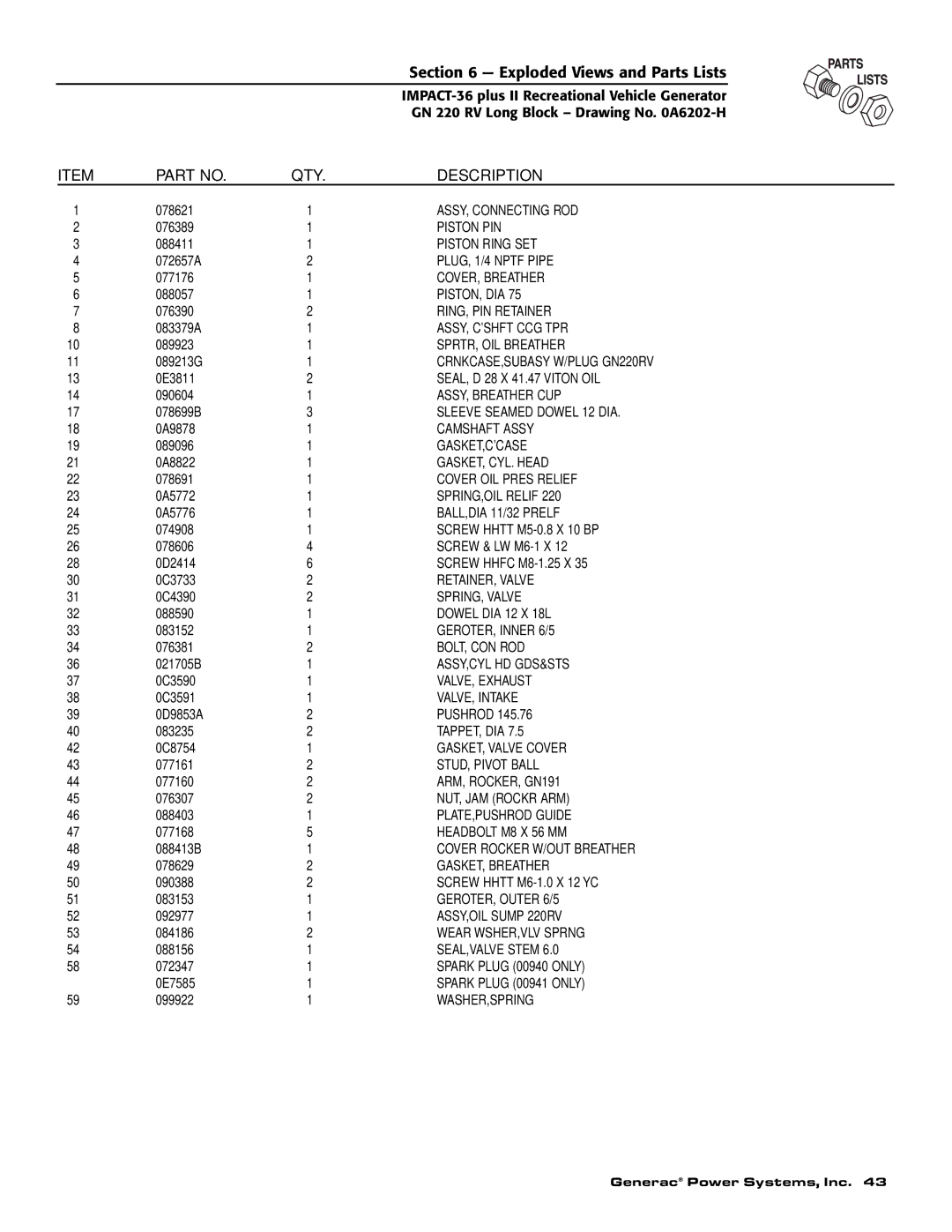 Generac 00941-4 owner manual ASSY, Connecting ROD 