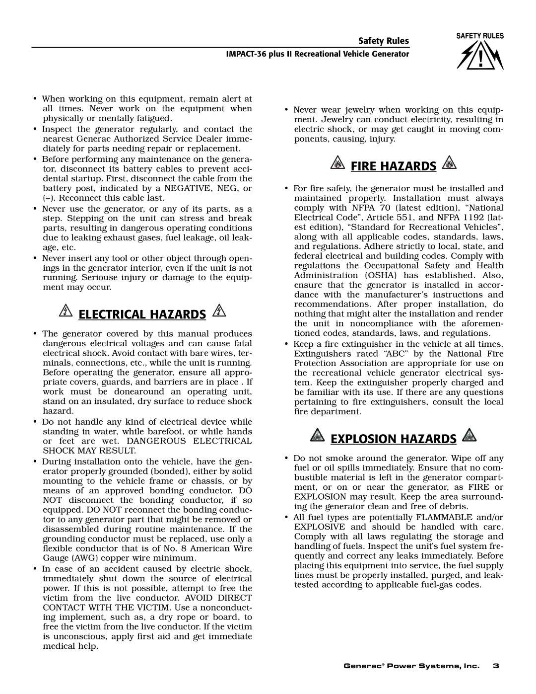 Generac 00941-4 owner manual Electrical Hazards 