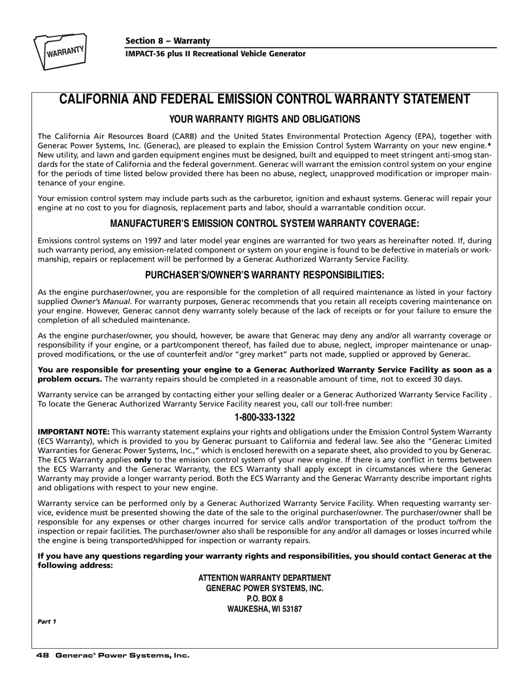 Generac 00941-4 owner manual California and Federal Emission Control Warranty Statement 