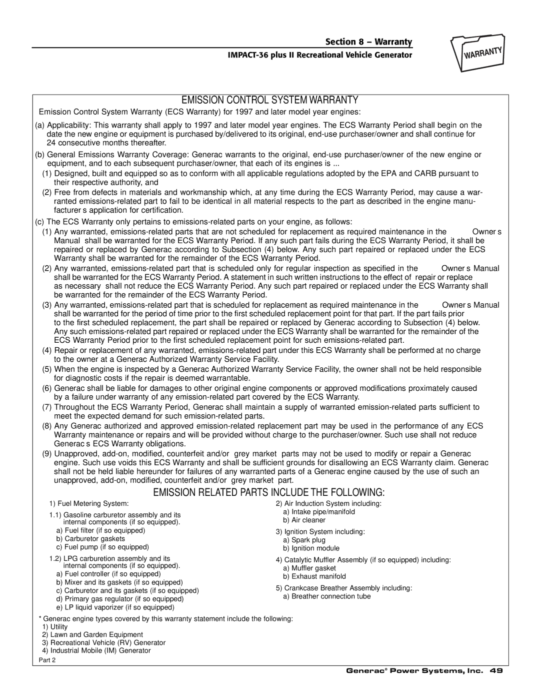 Generac 00941-4 owner manual Emission Control System Warranty 