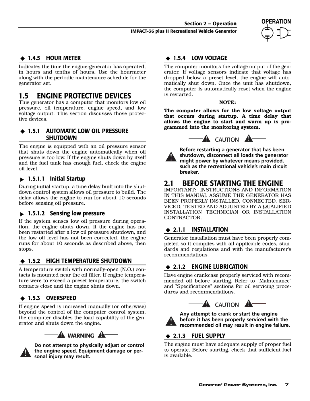 Generac 00941-4 owner manual Engine Protective Devices, Before Starting the Engine 