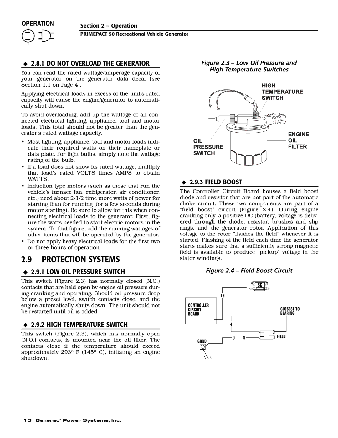 Generac 02010-0, 04164-0 Protection Systems, Do not Overload the Generator, LOW OIL Pressure Switch, Field Boost 