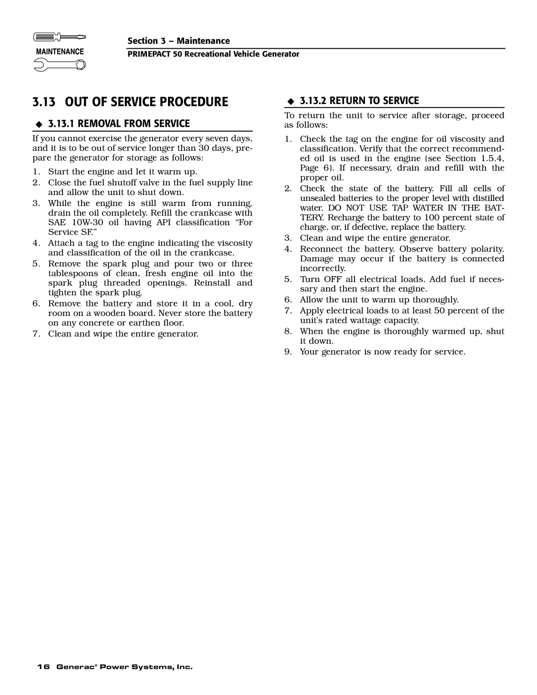 Generac 02010-0, 04164-0 owner manual OUT of Service Procedure, Removal from Service, Return to Service 