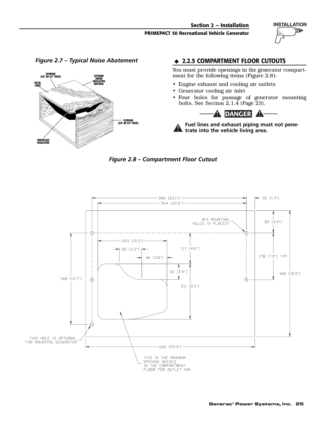 Generac 02010-0, 04164-0 owner manual Typical Noise Abatement 2.2.5 Compartment Floor Cutouts 