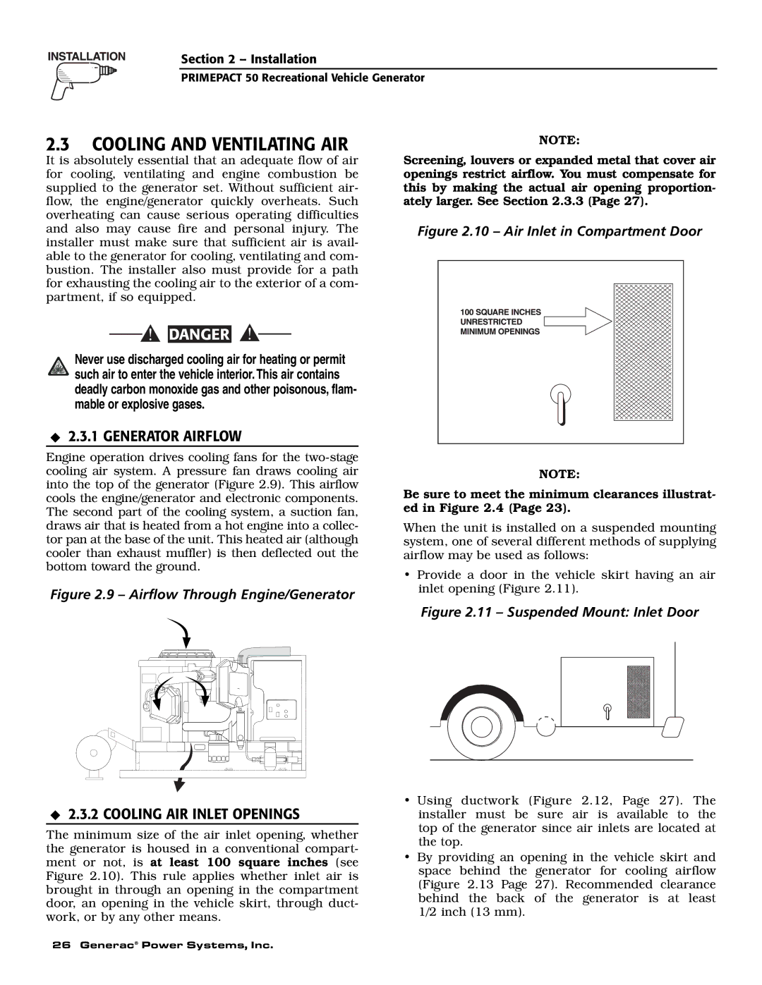 Generac 02010-0, 04164-0 owner manual Cooling and Ventilating AIR, Generator Airflow, Cooling AIR Inlet Openings 