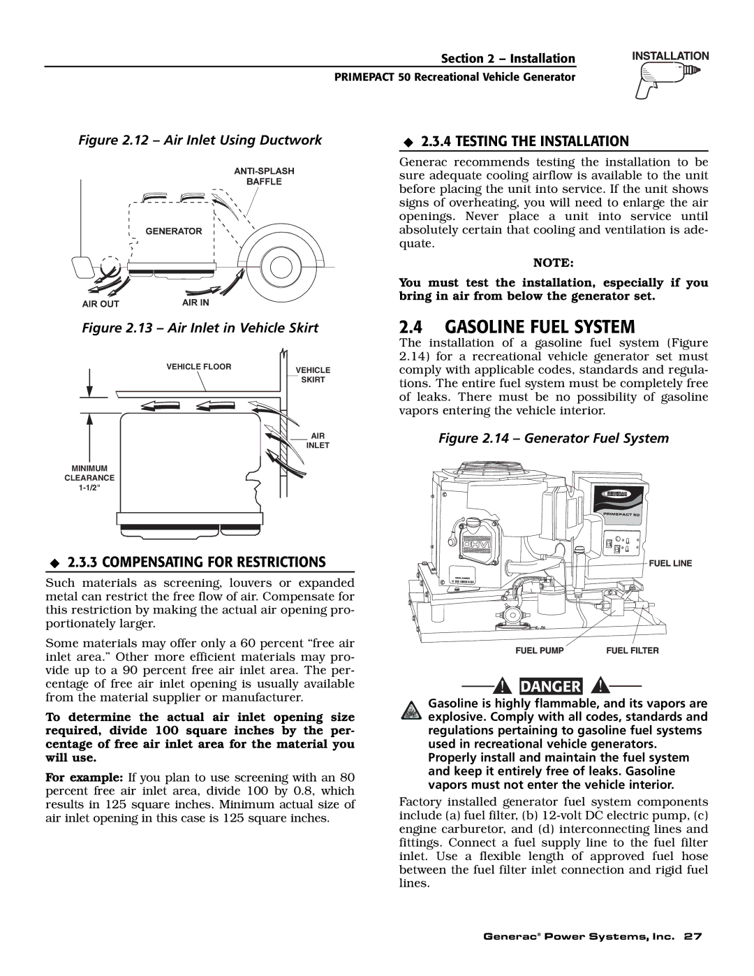 Generac 02010-0, 04164-0 owner manual Gasoline Fuel System, Testing the Installation, Compensating for Restrictions 