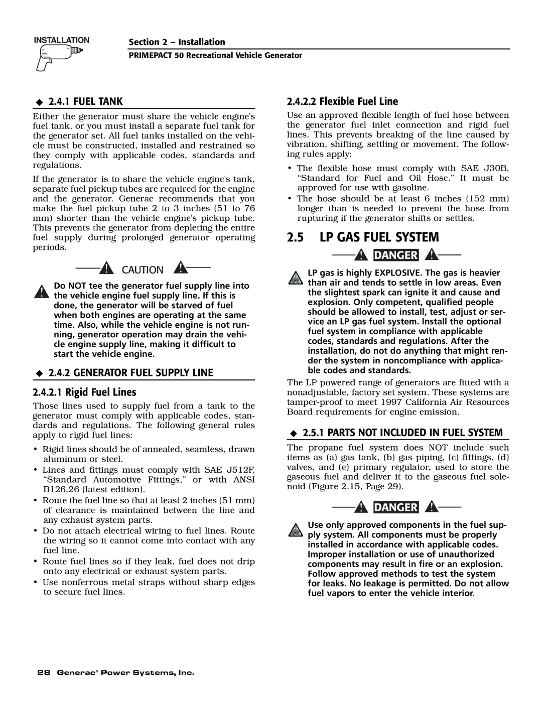 Generac 02010-0, 04164-0 owner manual LP GAS Fuel System, Fuel Tank, Generator Fuel Supply Line, Rigid Fuel Lines 