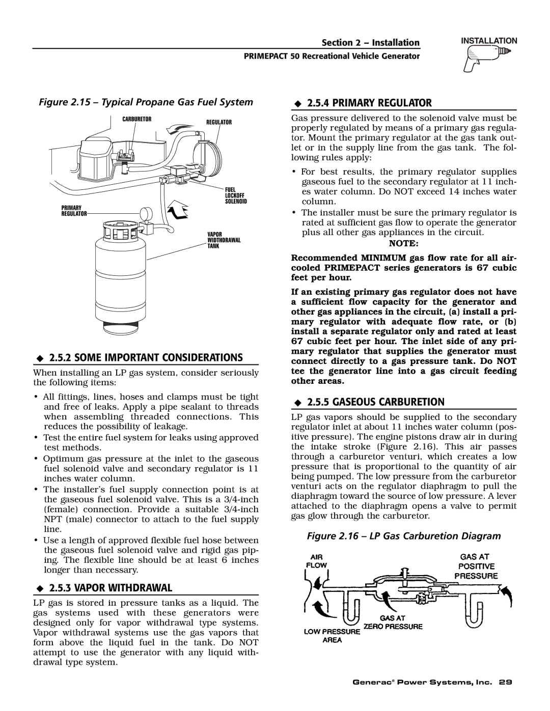 Generac 02010-0, 04164-0 Primary Regulator, Some Important Considerations, Vapor Withdrawal, Gaseous Carburetion 