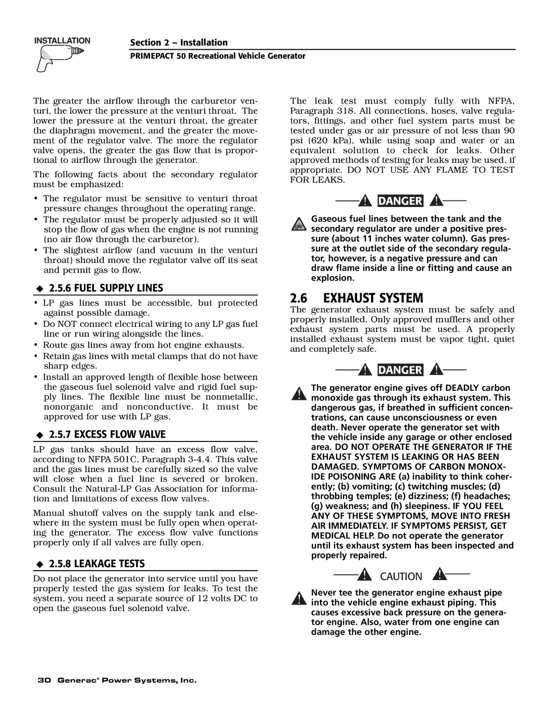 Generac 02010-0, 04164-0 owner manual Exhaust System, Fuel Supply Lines, Excess Flow Valve, Leakage Tests 