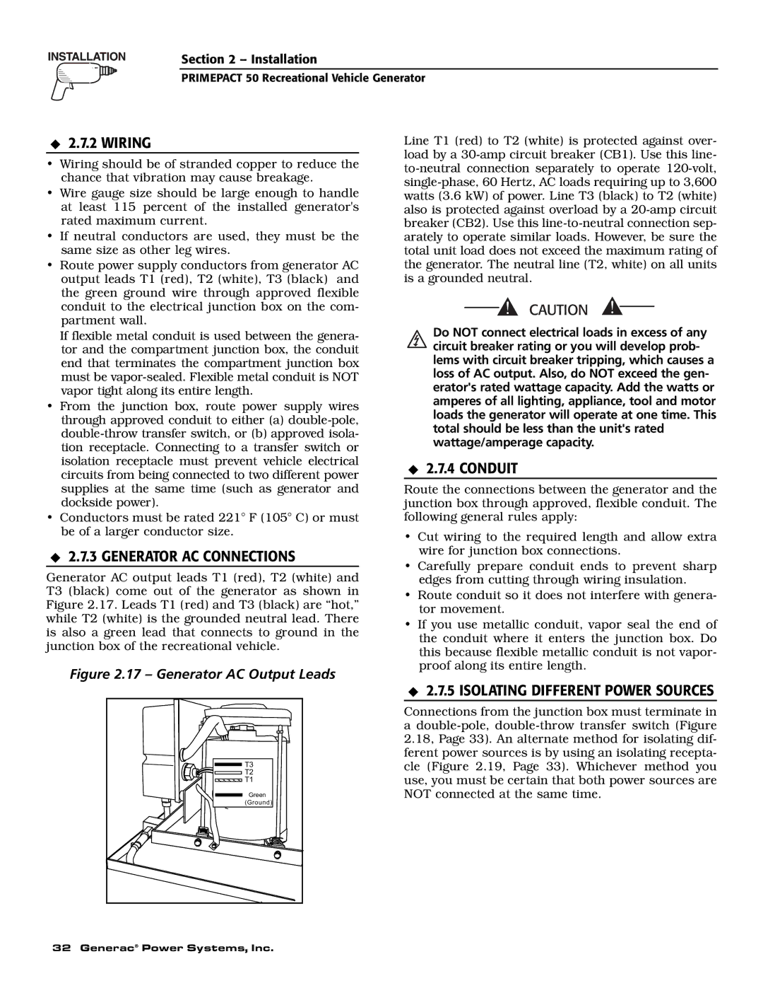 Generac 02010-0, 04164-0 owner manual Wiring, Generator AC Connections, Conduit, Isolating Different Power Sources 