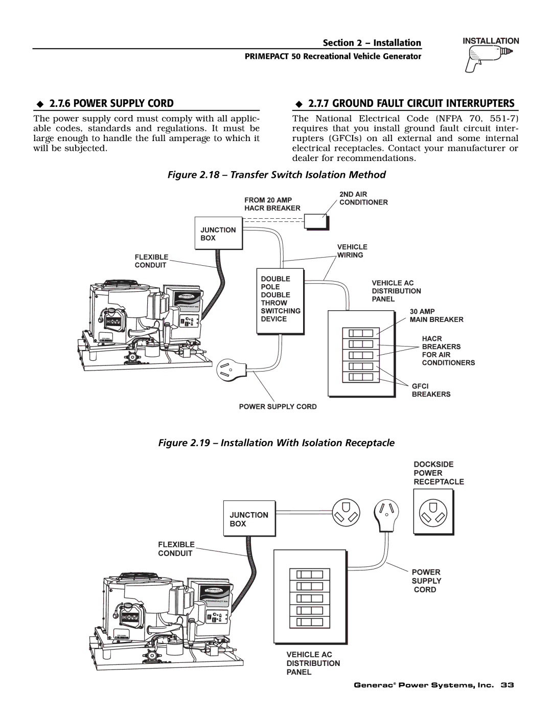 Generac 02010-0, 04164-0 owner manual Power Supply Cord, Ground Fault Circuit Interrupters 