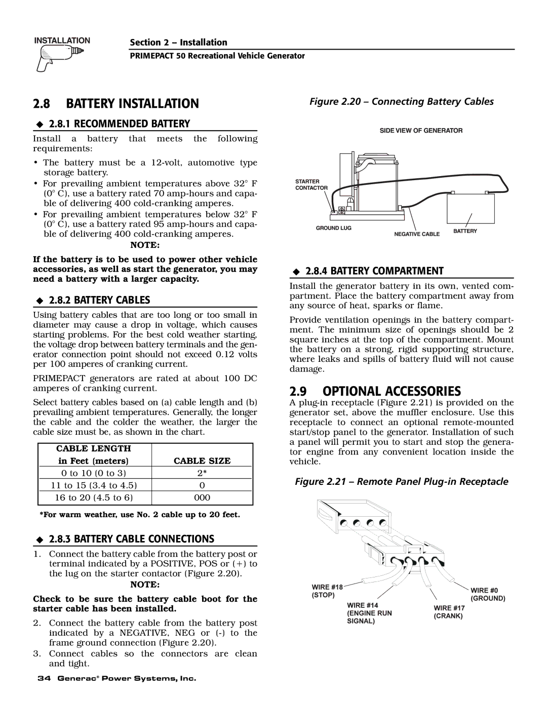 Generac 02010-0, 04164-0 owner manual Optional Accessories, Recommended Battery, Battery Cables, Battery Cable Connections 