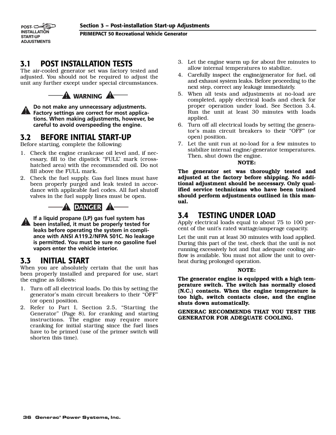 Generac 02010-0, 04164-0 owner manual Post Installation Tests, Before Initial START-UP, Initial Start, Testing Under Load 