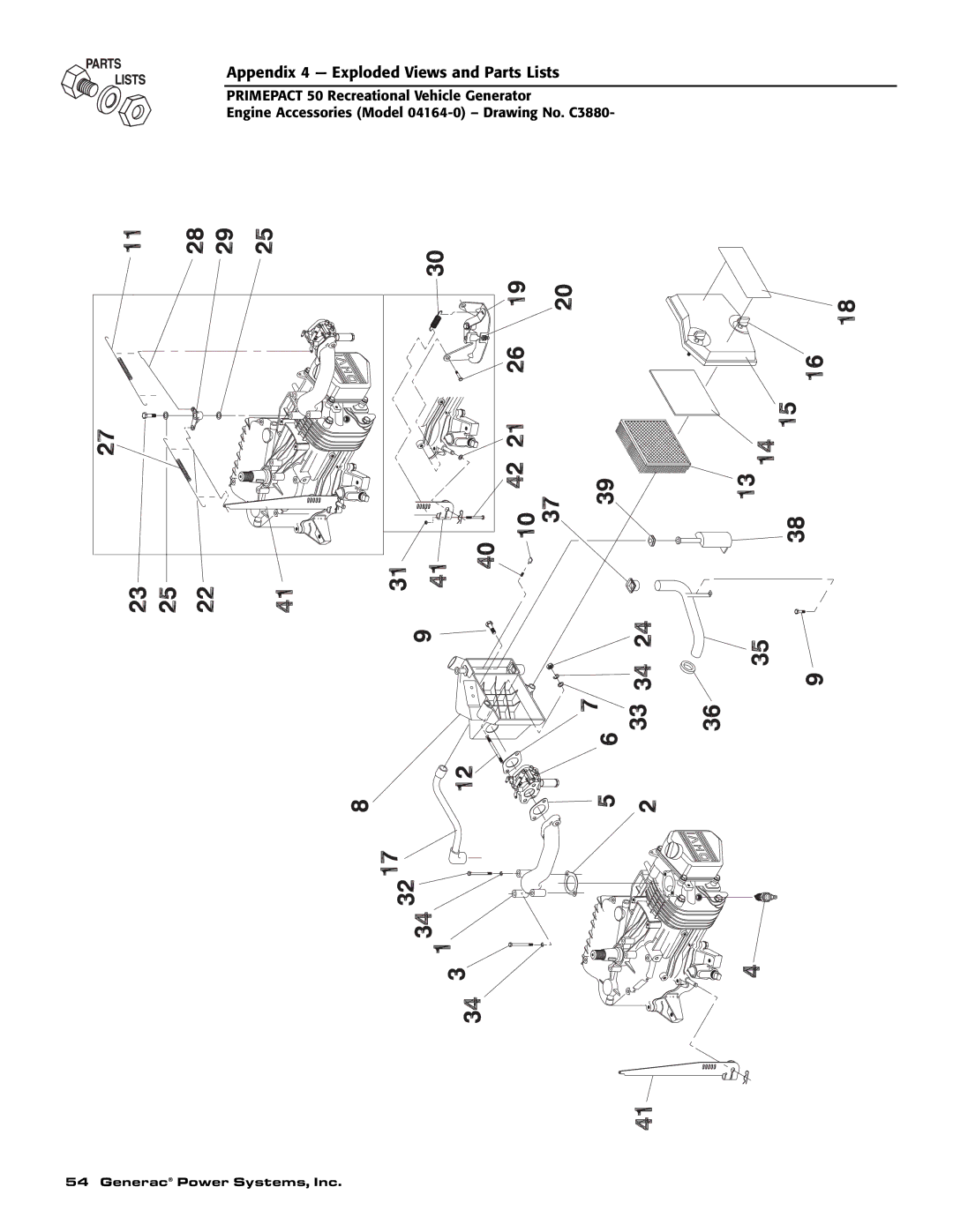 Generac 02010-0, 04164-0 owner manual Appendix 4 Exploded Views and Parts Lists 