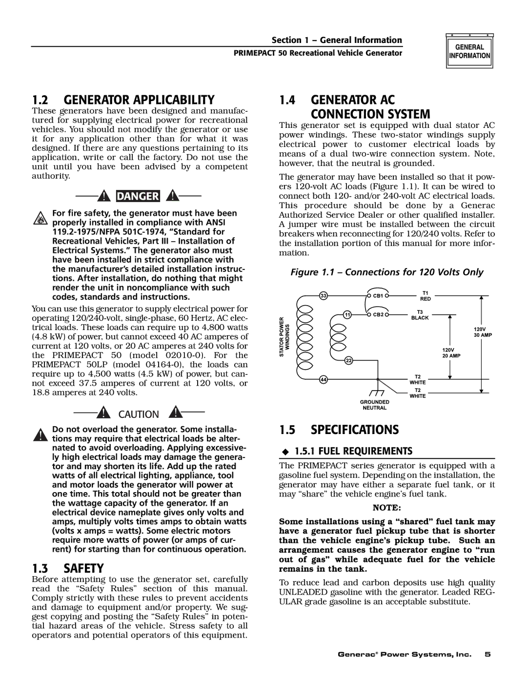 Generac 02010-0, 04164-0 owner manual Generator Applicability, Safety, Generator AC Connection System, Specifications 