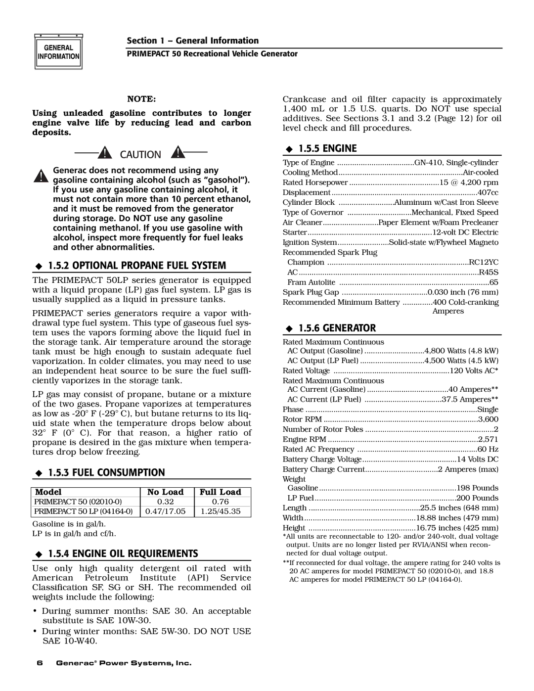 Generac 02010-0, 04164-0 owner manual Optional Propane Fuel System, Fuel Consumption, Engine OIL Requirements, Generator 