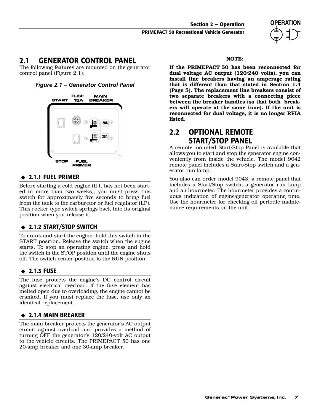 Generac 02010-0, 04164-0 Generator Control Panel, Optional Remote START/STOP Panel, Fuel Primer, START/STOP Switch 