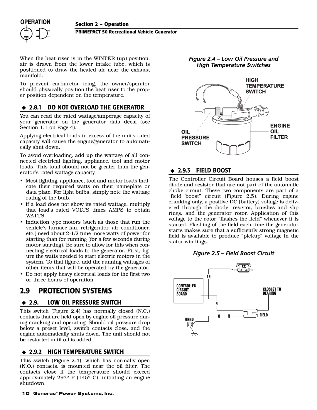 Generac 02010-2, 04164-2 Protection Systems, Do not Overload the Generator, LOW OIL Pressure Switch, Field Boost 