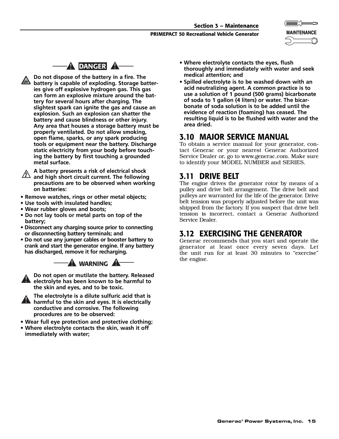 Generac 02010-2, 04164-2 owner manual Drive Belt, Exercising the Generator 